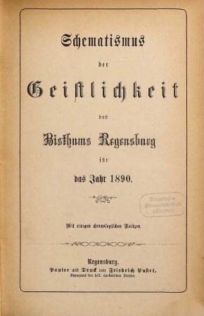 Schematismus des Bistums Regensburg. 1890