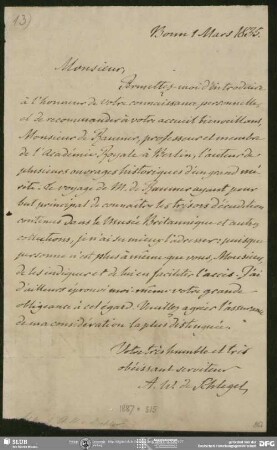 Eigenh. Brief von August Wilhelm von Schlegel an John George Children, Bonn, 01.03.1835