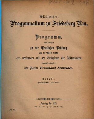 Programm : durch welches zu der öffentlichen Prüfung ... ergebenst einladet. 1877/78