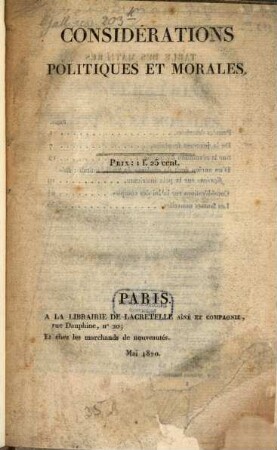 Considerations politiques et morales