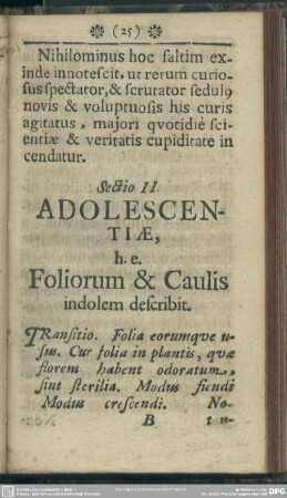 Sectio II. Adolescentiae, h.e. Foliorum & Caulis indolem describit