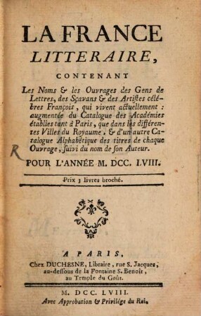 La France littéraire, 1758