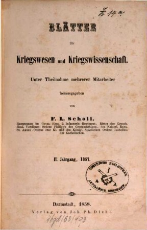 Blätter für Kriegswesen und Kriegswissenschaft. 2. 1857