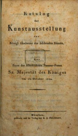 Katalog der Kunstausstellung der Königlichen Akademie der Bildenden Künste in München, 1820