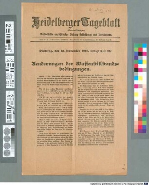 Aenderungen der Waffenstillstandsbedingungen : [Extrablatt] Heidelberger Tageblatt (General-Anzeiger) ; Dienstag, den 12. November 1918, mittags 3.50 Uhr