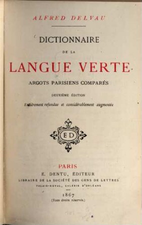 Dictionnaire de la langue verte, argots Parisiens comparés