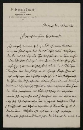 Bl. 16-17: Brief von Gustav Schwarz an Rudolf von Jhering, Budapest, 18.5.1886