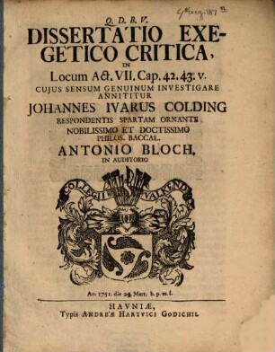 Diss. exeg. crit. in locum Act. VII. Cap. 42. 43. v.