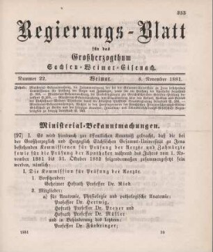 97. Ministerial-Bekanntmachung, die Zusammensetzung der bei der Gesammt-Universität zu Jena bestehenden Commissionen für Prüfung der Aerzte und Zahnärzte, sowie für die Prüfung der Apotheker betreffend