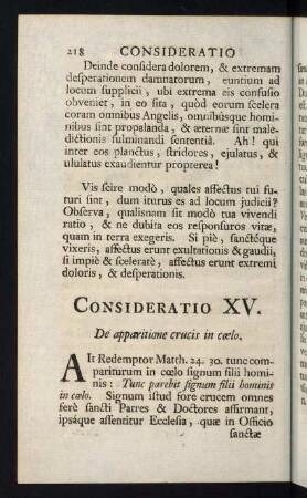 218-241, Consideratio XV. De apparitione crucis in coelo - Consideratio XIX. Conspectum terribilis majestatis divini Judicis non solum peccatores...