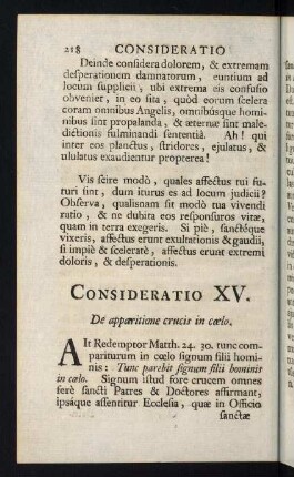 218-241, Consideratio XV. De apparitione crucis in coelo - Consideratio XIX. Conspectum terribilis majestatis divini Judicis non solum peccatores...