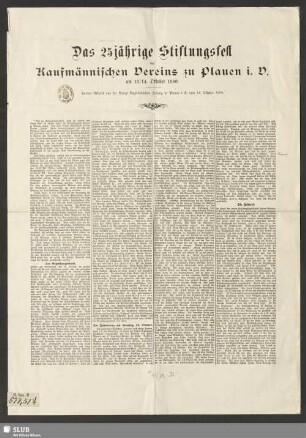 Das 25jährige Stiftungsfest des Kaufmännischen Vereins zu Plauen i.V. am 13/14. Oktober 1900