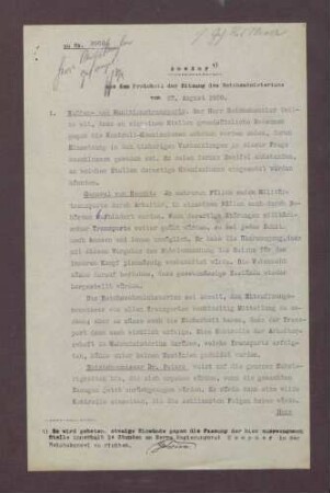Protokoll aus der Sitzung des Reichsministeriums vom 27.08.1920, Durchführung der Entwaffnung und Sicherstellung der militärischen Transporte