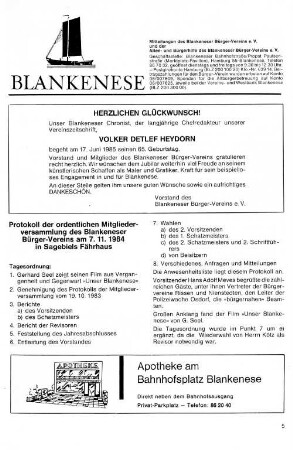 Protokoll der ordentlichen Mitgliederversammlung des Blankeneser Bürger-Vereins am 7.11.1984 in Sagebiels Fährhaus