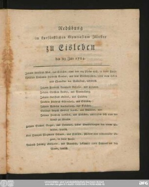Redübung im kurfürstlichen Gymnasium Illustre zu Eisleben den 25 Jun 1784.