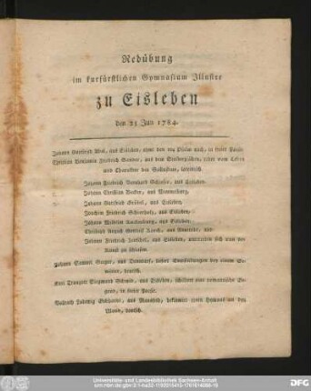 Redübung im kurfürstlichen Gymnasium Illustre zu Eisleben den 25 Jun 1784.