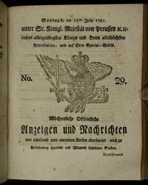No. 29. Montags, den 16ten July 1781.