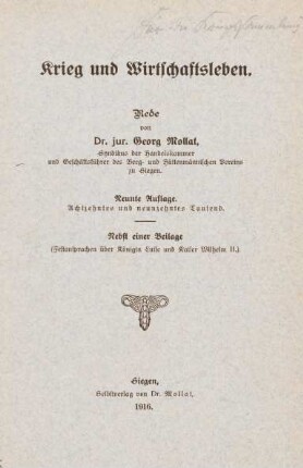 Krieg und Wirtschaftsleben