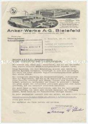 Schreiben der Anker-Werke AG an das Institut für Maschinenkunde der Landwirtschaftlichen Hochschule Berlin