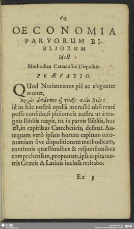 Oeconomia Parvorum Bibliorum Id est Methodica Catechismi Dispositio