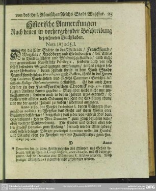 Historische Anmerckungen Nach denen in vorhergehender Beschreibung bezeichneten Buchsta