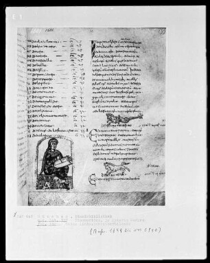 Dioscorides, De Materia Medica — Buchseite mit Autorenbildnis und zwei kleinen Zeichnungen, Folio 132recto