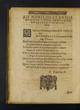 Ad Nobiliss. Clarissimumque virum Arnoldum de Reyger Iurisconsultum.