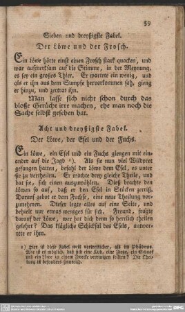 Acht und dreyßigste Fabel. Der Löwe, der Esel und der Fuchs