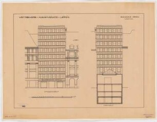 Augustusplatz, Leipzig Bankhaus Kroch (Westseite): Bankhaus Kroch, Schnitt, Ansichten 1:100