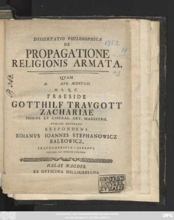 Dissertatio Philosophica De Propagatione Religionis Armata