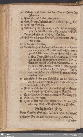 Sechzehendes Fach, Vom Kupfer- Schiefer- Lasur- u. Sand-Erzten