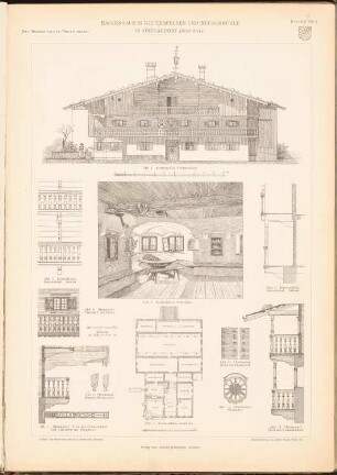 Bauernhaus, Kiefersfelden / Bauernhaus, Oberaudorf: Grundriss, Vorderansicht, Innenansicht Kiefersfelden, Details Oberaudorf (aus: Das Bauernhaus im Deutschen Reiche und seinen Grenzgebieten, hrsg.v. Verbande Deutscher Architekten-und Ingenieurvereine, 1906)