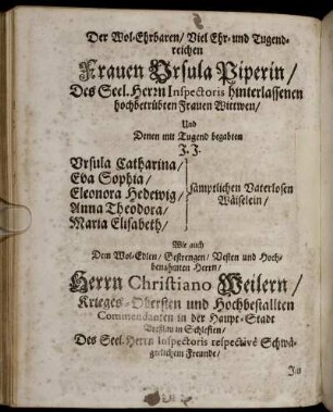 Der Wol-Ehrbaren/ Viel Ehr-und Tugendreichen Frauen Ursula Piperin/ Des Seel. Herrn Inspectoris ...