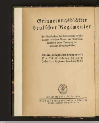 Das Infanterie-Regiment Hamburg (2. Hanseatisches) Nr. 76 im Weltkriege 1914/18