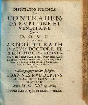 Dispvtatio Ivridica. De Contrahenda Emptione Et Venditione