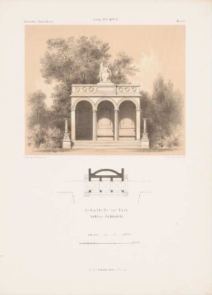 Gedenkhalle im Park von Schloss Schönfeld: Grundriss, Ansicht (aus: Architektonisches Skizzenbuch, H. 116/6, 1872)