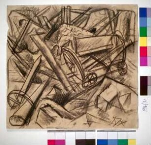 Zerstörte Landmaschinen / Zerschossene Wagen; Karren
