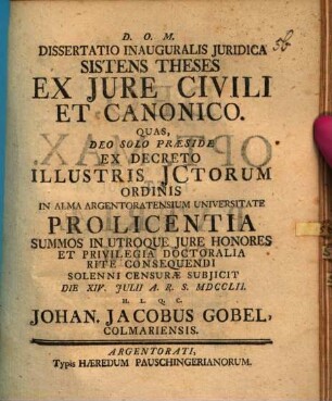 Dissertatio inauguralis juridica sistens theses ex jure civili et canonico