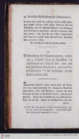 Beschreibung der Illuminationen, welche am 9. October 1790 zu Frankfurt am Krönungstage Leopold des 2ten von den geistlichen Kurfürsten, und den Repräsentanten der weltlichen veranstaltet worden sind