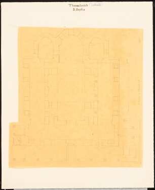 S. Sophia (Hagia Sophia), Thessaloniki: Grundriss EG ? mit Einzeichnung Minarett, Maßstabsleiste (Feet) (Nach- oder Durchzeichnung vermutlich nach Charles Texier und Richard P. Pullan, XXXV)