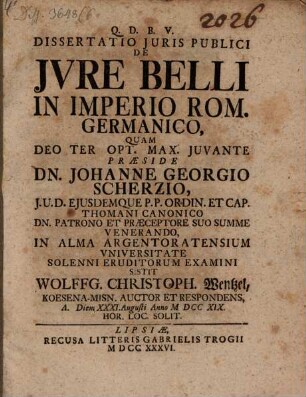 Diss. iuris publ. de iure belli in Imperio Rom. Germ.