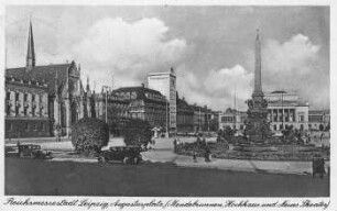 Reichmessestadt Leipzig: Augustusplatz (Mendebrunnen, Hochhaus und Neues Theater)