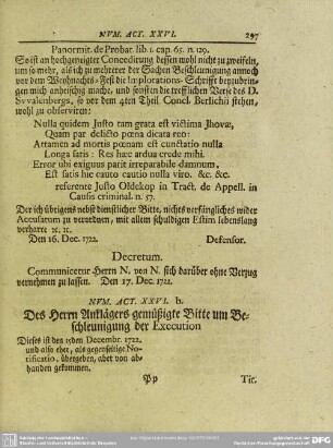 Num. Act. XXVI. b. Des Herrn Anklägers gemüßigte Bitte um Beschleunigung der Execution