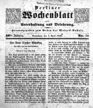 No. 14, Sonnabend, den 7. April 1849.