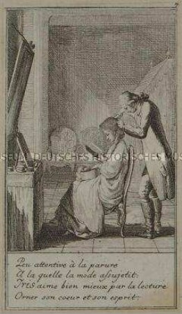 Illustration aus dem Lauenburger genealogischen Kalender von 1780 (7. Blatt), "Peu attentive à la parure ..."