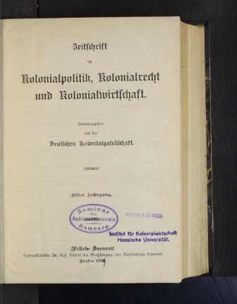 11.1909: Zeitschrift für Kolonialpolitik, Kolonialrecht und Kolonialwirtschaft