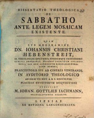Diss. theol. de Sabbatho ante legem Mosaicam existente