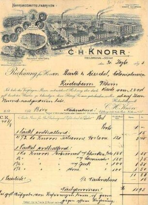 Rechnung der Fa. Knorr für die Kolonialwarenhandlung Barth und Hirschel in Rüdesheim (u.a. für Erbswurst)