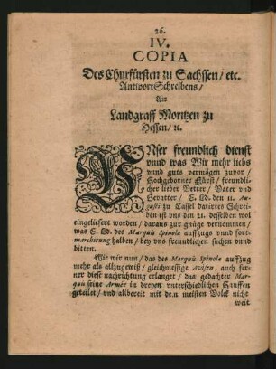 IV. Copia Des Churfürsten zu Sachssen ... An Landgraff Moritzen zu Hessen
