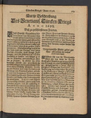 Kurtze Beschreibung Des Venetianis. Türcken-Kriegs Anno 1698. Biß zu geschlossenem Frieden.